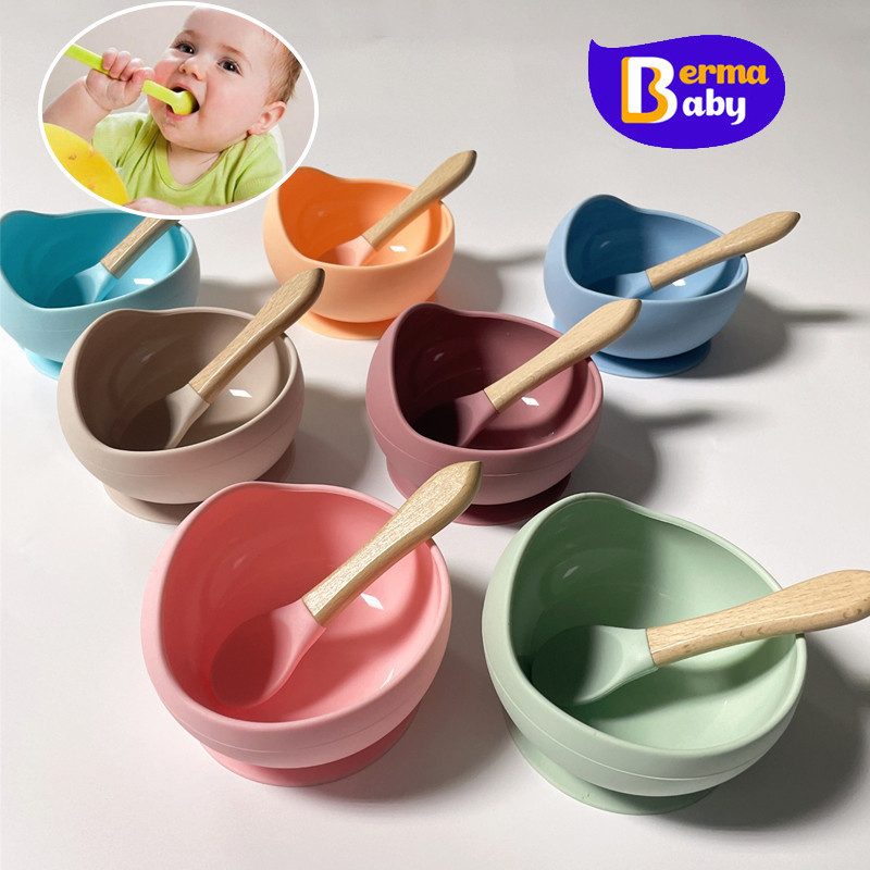 Berma Baby ชามซิลิโคน และช้อนซิลิโคน ชามดูดด้านล่าง ชามเด็ก ชามหอยทาก กันกระแทก