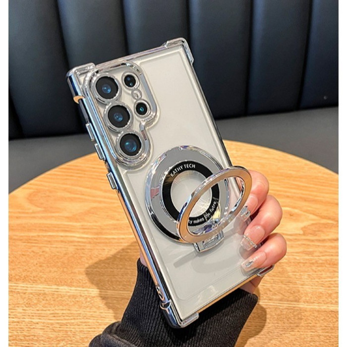 เคส Samsung S24+Plus Ultra S23 S22 S21 Plus Ultra เคสโทรศัพท์พร้อมที่วางแม่เหล็กตัวป้องกันกล้อง Clear Luxury Aesthetic กันกระแทกหนา Air Cushion Anti-Fall