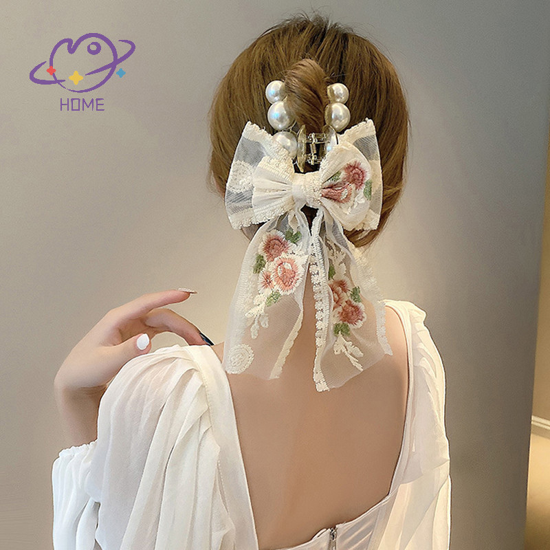 [mayhome] ริบบิ้นเกาหลีเย็บปักถักร้อยดอกไม้ผ้า Rose Lace Bow Hairpin Casual Girls เครื่องประดับผม {TH}