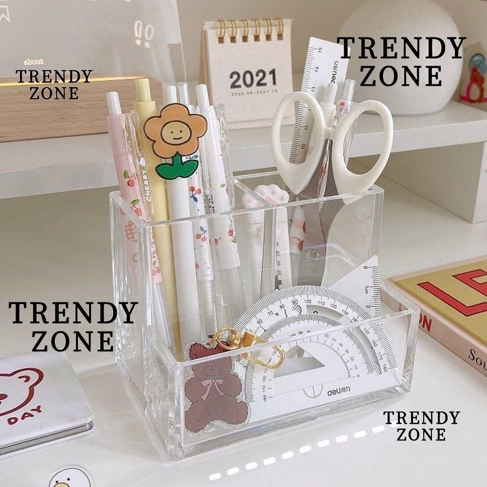 Trendyzone ที่ใส่ปากกาอะคริลิค, ชั้นเก็บเครื่องเขียนแบบใส, ชั้นวางแต่งหน้าสามตารางความจุขนาดใหญ่ทรงสี่เหลี่ยมสํานักงาน