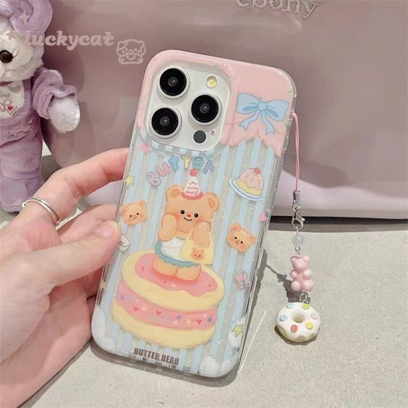 Iphone 15 14 13 12 11 Pro Max X Xr Xs Max 7 8 Plus SE2020 เคสโทรศัพท์น่ารัก Candy Donuts Butter Bear + Lanyard Bling Clear Soft Cover