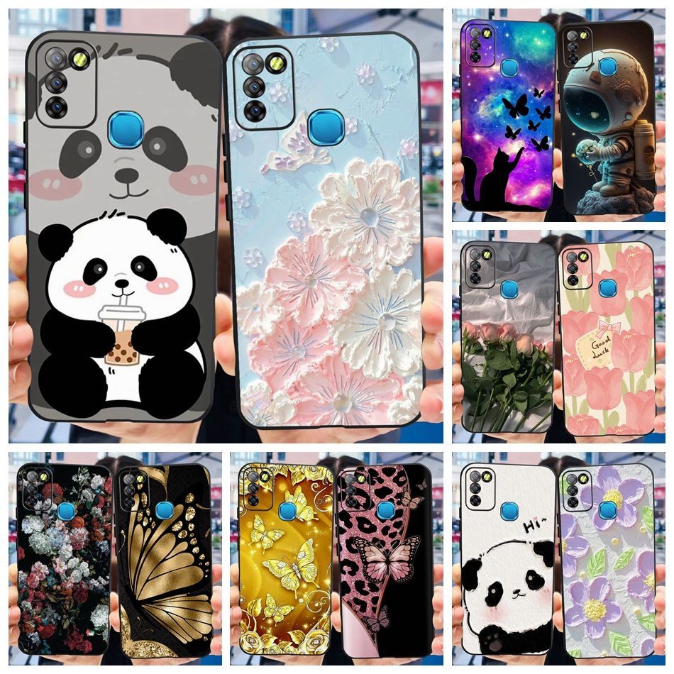 Infinix Smart 5 / Smart 6 (3/64G) Cute Cat Panda Flower Painted Casing Smart5 Samrt6 X657B X657C Black Silicon Soft TPU Phone Cases