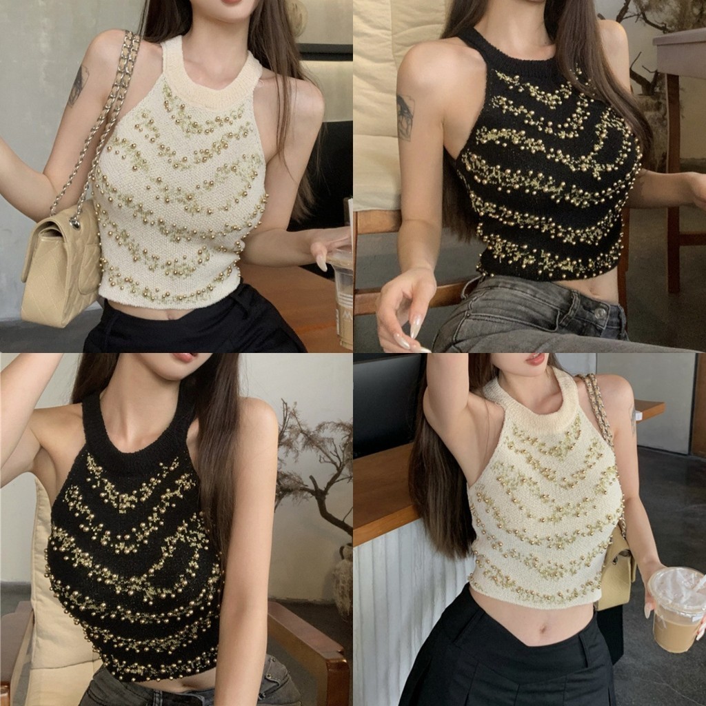 🍎Evelyn🍎เสื้อสายเดี่ยว หญิง ไหมพรม ครอป คอกลม เข้ารูป ผ้ายืด ตกแต่งลูกปัด เสื้อแขนกุด สไตล์เกาหลี แฟชั่น ใส่ไปทะเล#X51