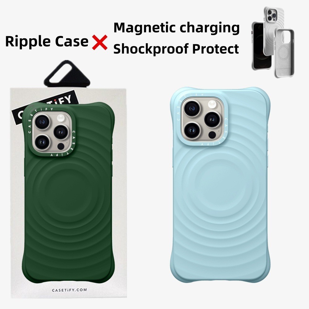 Casetifg ลึกสีเขียว Sky Blue Ripple ปลอกชาร์จแม่เหล็กเคสโทรศัพท์พร้อมกล่องสําหรับ iPhone 16 13 14 15 Pro Max 16 Plus Wave ซิลิโคน Anti ลายนิ้วมือกันกระแทก Matte ฝาหลัง