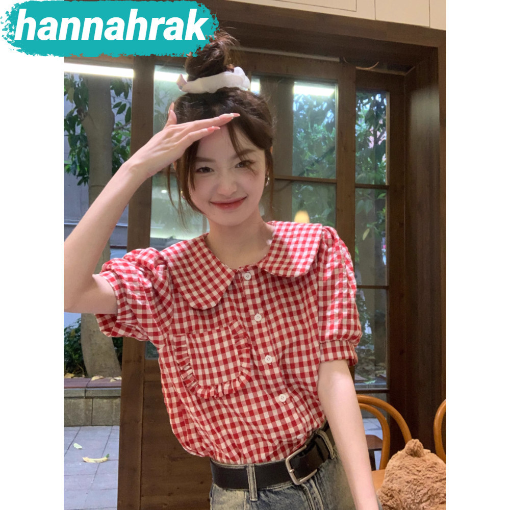 (ส่งจากกรุงเทพฯ)ภาษาฝรั่งเศส ลายสก๊อตสีแดง คอตุ๊กตา แขนพัฟ เสื้อแขนสั้น ของผู้หญิง เสื้อแจ็กเกต