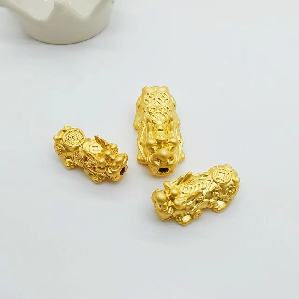 Strong การเก็บรักษาสีไฟฟ้าวิธีโบราณทรายทอง 3D ทองแดง Hollow Pixiu เงิน Fortune สร้อยข้อมือ Spacer ลูกปัด Transfer