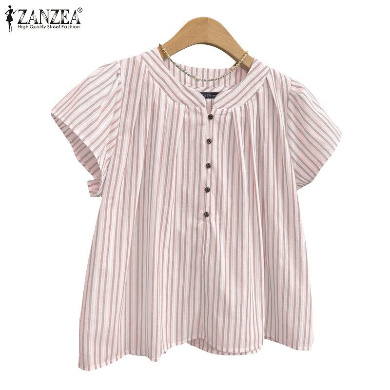 Zanzea เสื้อเบลาส์กระดุมแขนสั้นพิมพ์ลายแฟชั่นเกาหลีสําหรับผู้หญิง