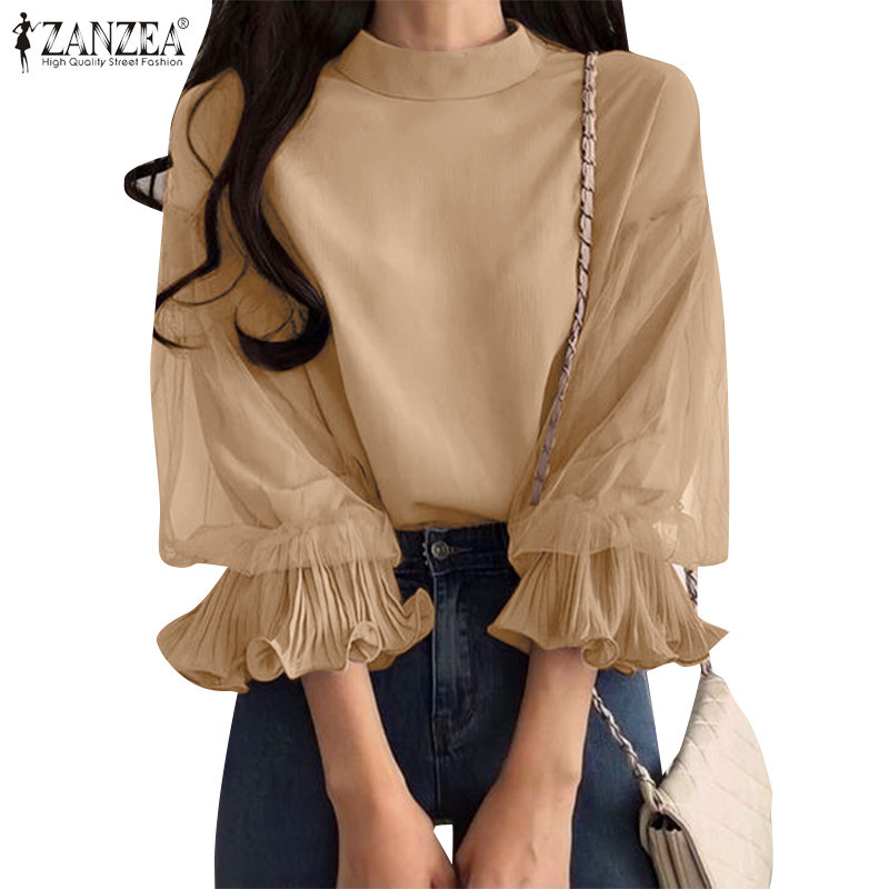 ZANZEA ซานเซีย ผู้หญิงเกาหลีลําลองยืนปก3/4แขนจีบเย็บปะติดปะต่อกันเสื้อ