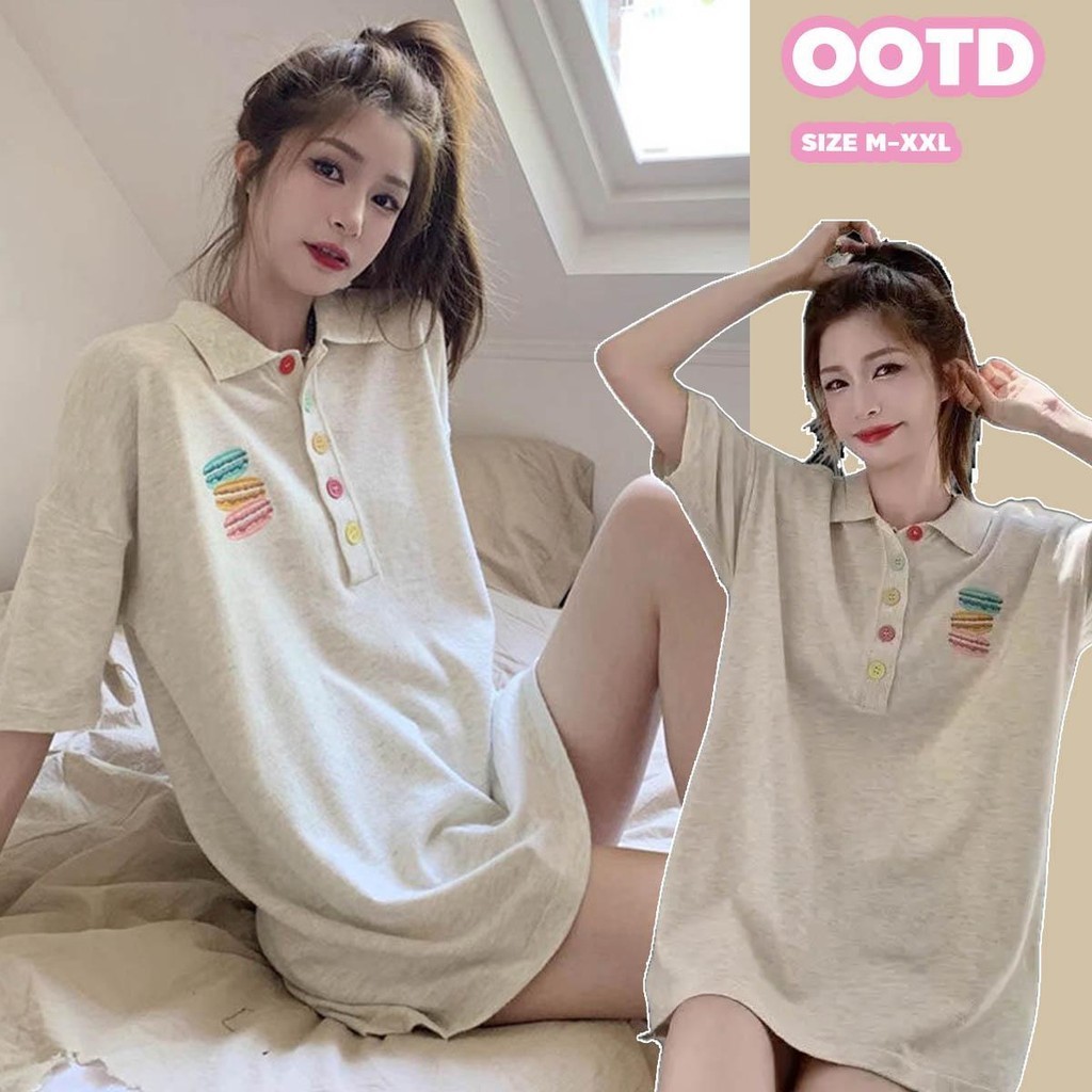 MIMI&DIDI#เสื้อยืดแขนสั้น ปกโปโลเฟอร์พร้อมกระดุมสีสันสดใส ย้อนยุค เสื้อโอเวอร์ไซส์ทรงหลวมผู้หญิง น่ารักมาก#2646