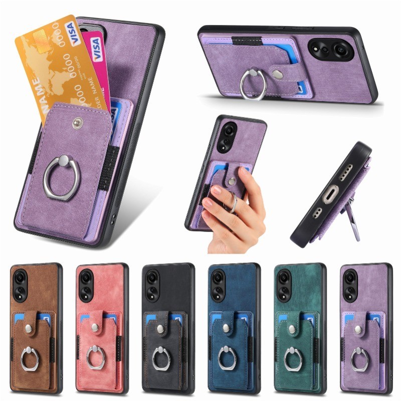 Retro เคสโทรศัพท์ OPPO A38 A18 A79 A60 A17 A17K A98 A15 A15s A16 A58 A77s A78 A57 A96 A7 A12 A5s กลับปลอกแหวนนิ้วขาตั้งการ์ดผู้ถือป้องกันกระเป๋าสตางค์