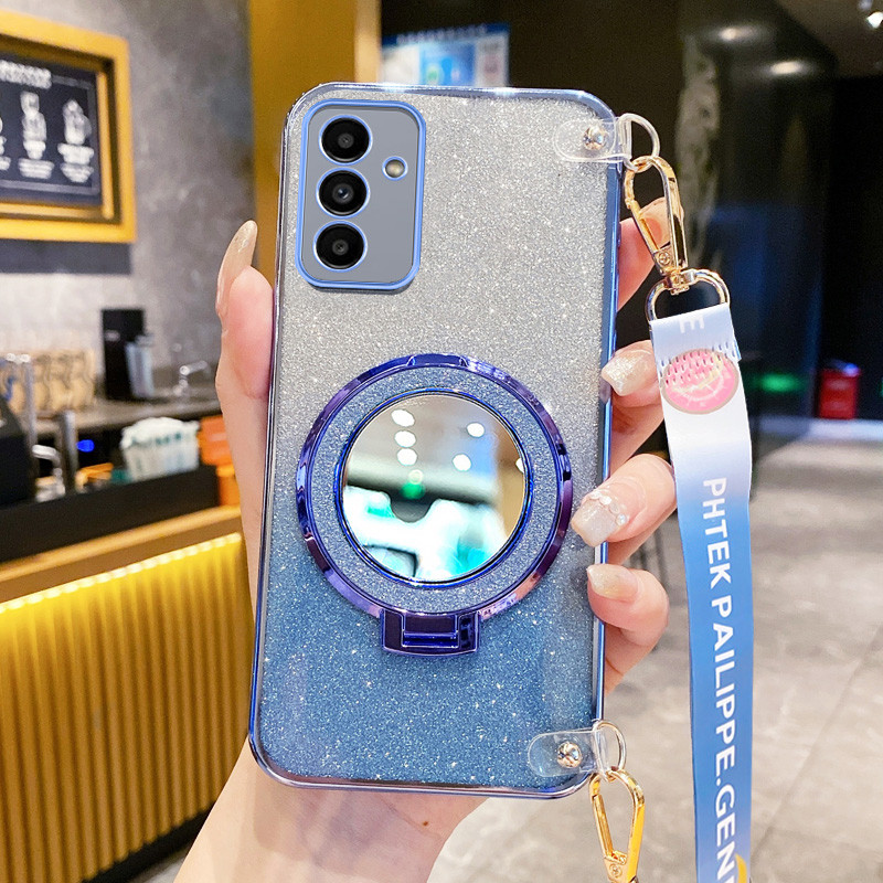 SAMSUNG ปลอกสําหรับsamsung Galaxy A55 A35 A25 A54 A34 A16 5G A15 A14 A13 4G 5G A24 A04S 4Gวงกลมกระจกขาตั้งGlitterแป้งยาวเชือกแขวนAnti Dropเคสโทรศัพท์