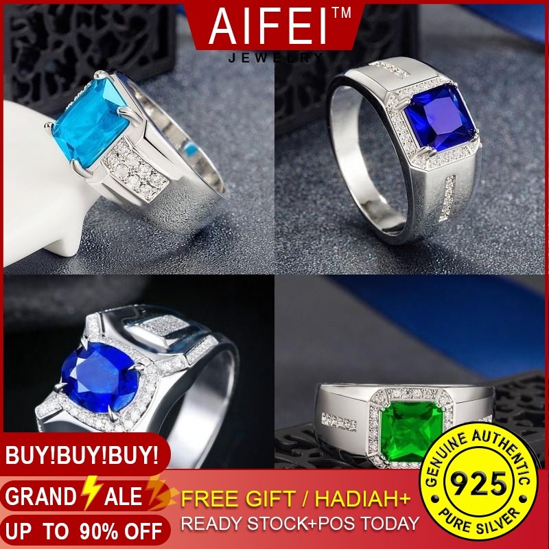 AIFEI JEWELRY เครื่องประดับ แท้ เงิน ผู้ชาย เกาหลี 925 Silver แฟชั่น เรียบง่าย แหวน เครื่องประดับ ต้นฉบับ ไพลินมรกต M085