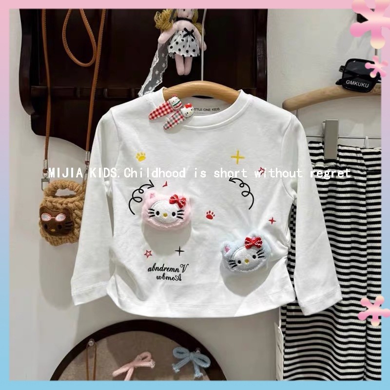Children's Clothing Girls Autumn Long-Sleeved Top2024New Little Girl Cute Fashion Cartoon Cat round NeckTT-shirt Fashion