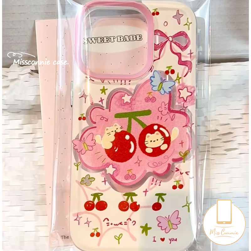 Cherry Shine ดาวผีเสื้อลูกแมวสตรอเบอร์รี่สร้อยข้อมือคู่สําหรับ IPhone 11 7Plus 15 13 12 14 Pro Max X XR XS Max 15 8 7 14 Plus SE 2020 โปร่งใสนุ่มกรณี