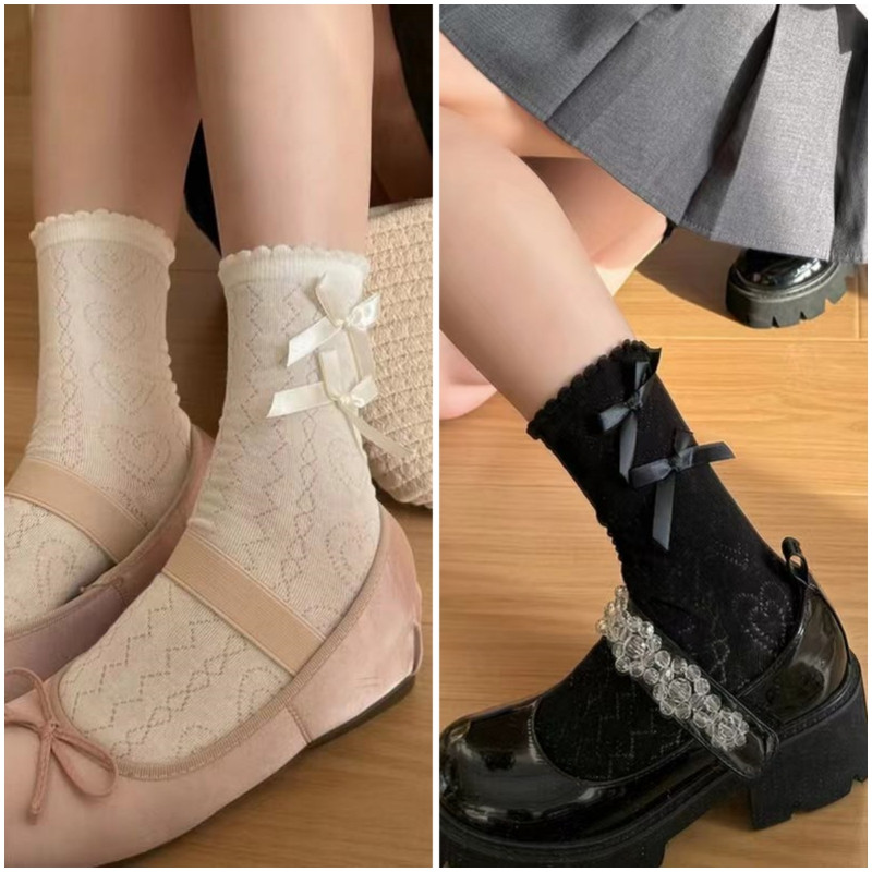 โบว์คู่ถุงเท้าสั้นบางตาข่ายระบายอากาศผ้าฝ้ายแท้น่ารัก JK Lolita สไตล์อเนกประสงค์ Y2K กลางหลอด