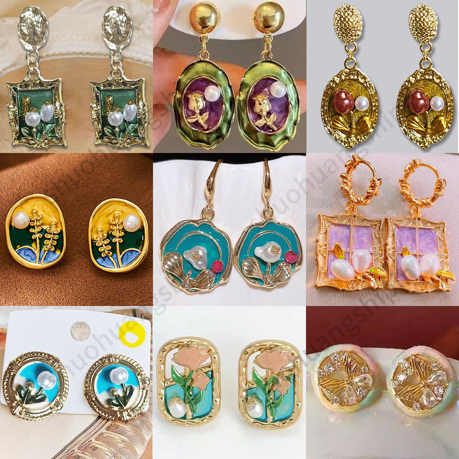 ย้อนยุค ภาพวาดสีน้ํามันสไตล์ฝรั่งเศสแสงหรูหราประณีตแฟชั่นดอกไม้มุกต่างหูต่างหู