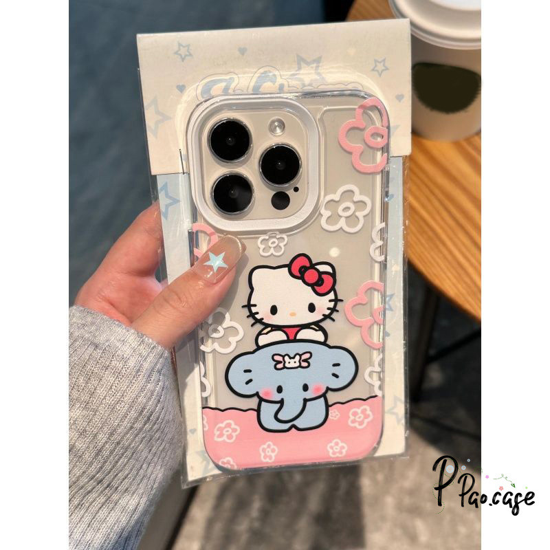 เคสการ์ตูน Hellokitty ตราช้างเข้ากันได้กับ IPhone 11 15 13 14 Pro Max XR 7 8 Plus X XS Max 7 15 14 Plus หน้าปกดอกไม้หวาน