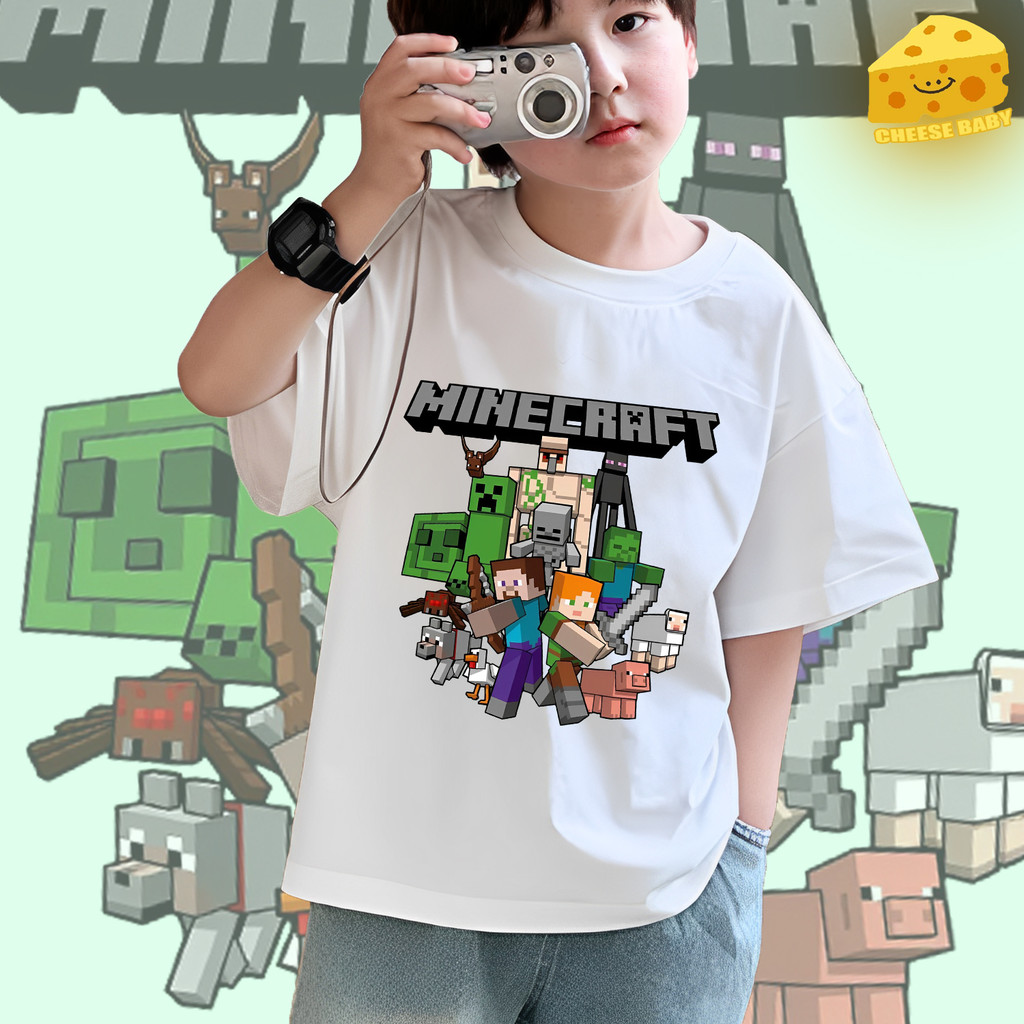 Minecraft เสื้อยืดเด็กผู้ชาย เสื้อยืดเด็กน่ารัก 8 สีผ้าฝ้ายแท้