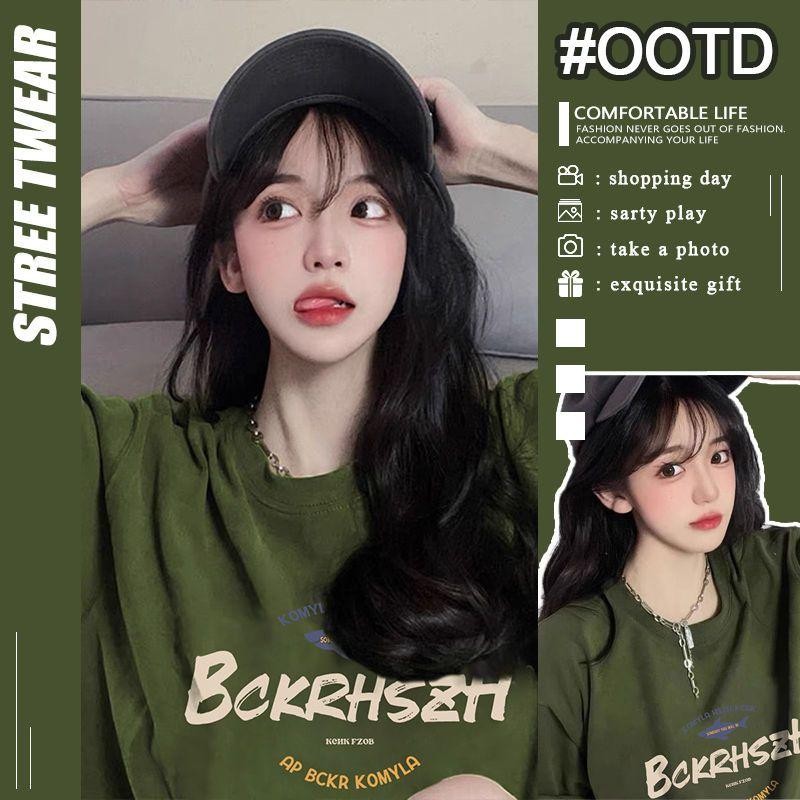 เสื้อยืดแขนสั้นพิมพ์ลายตัวอักษรผ้าฝ้าย100% สำหรับผู้หญิงเสื้อสีเขียวทหารคู่รักแบรนด์แฟชั่นดีไซน์โอเวอร์ไซส์