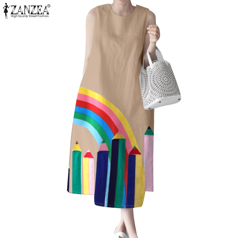 ZANZEA ใส่ ซานเซีย ผู้หญิงเกาหลีรอบคอแขนกุดพิมพ์กระเป๋าปุ่มชุด