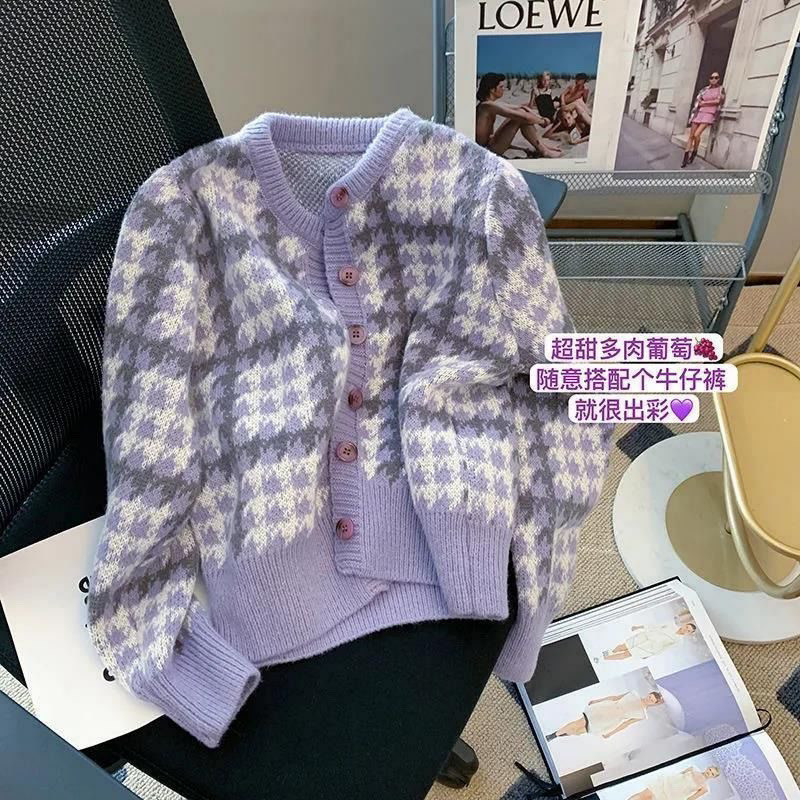 ญี่ปุ่นสั้นเสื้อกันหนาวสีม่วงผู้หญิงฤดูใบไม้ร่วงฤดูหนาวหลวมสวมใส่ด้านนอกสไตล์ขี้เกียจย้อนยุคอบอุ่นนุ่มข้าวเหนียวคาร์ดิแกนแจ็คเก็ตหนา