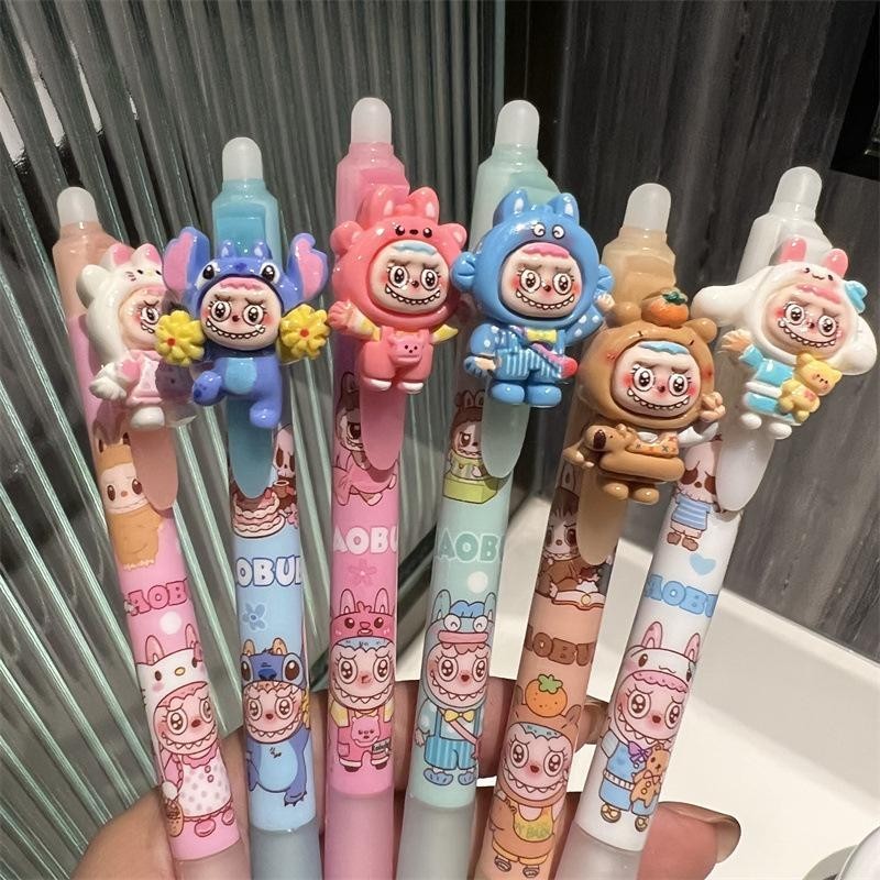 6 ชิ้น/เซ็ตน่ารัก Labubu จี้กดปากกาลบได้ร้อน erasable มูลค่าสูงสาวหัวใจ ins ลมนักเรียนคริสตัลปากกาสีฟ้า