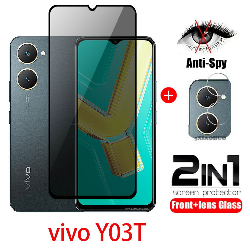 2in1 PRIVACY กระจกนิรภัยสําหรับ vivo Y03T Y03 Y18 Y27s Y28s 4G 2024 Anti Spy ป้องกันหน้าจอคลุมทั้งหมดกล้องเลนส์ป้องกันฟิล์ม