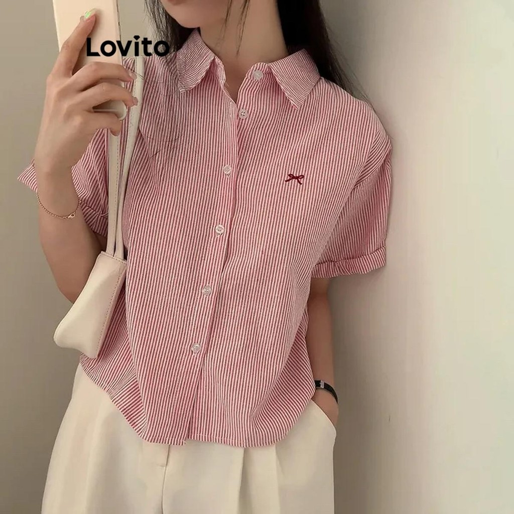 Lovito เสื้อเบลาส์เย็บปักถักร้อยลายทางลำลองสำหรับผู้หญิง LNM70333