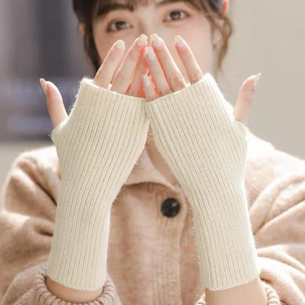 Solid Half Finger ถุงมือผู้หญิงฤดูหนาวนุ่มขนสัตว์ถักถุงมือ Writting Warm Mittens Handschoen Guantes