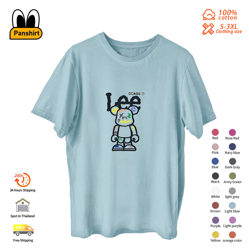 เสื้อยืดแขนสั้น Lee ลายหมีแฟชั่นไหล่ขวาขนาดใหญ่เสื้อแขนสั้นคุณภาพสูงหลวม