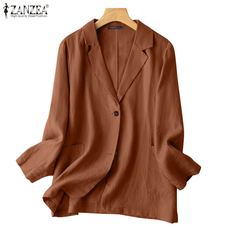 Zanzea ผู้หญิงแขนยาวปกหยักสีทึบ Placket กระเป๋า Blazer