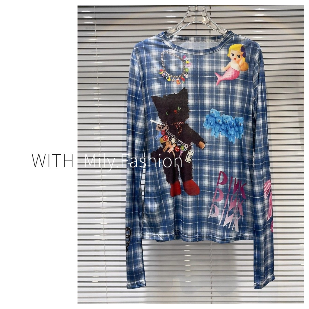 Milyfashion Niche การ์ตูนบทคัดย่อลายสก๊อตพิมพ์แขนยาว T Gauze ดูผ่านโปร่งแสง
