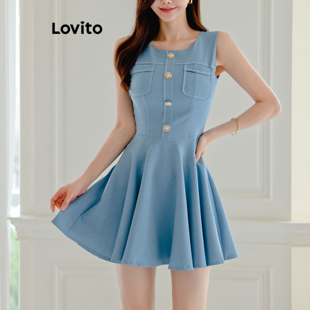 Lovito เดรสผู้หญิง มีกระดุม มีกระเป๋า สีพื้น สไตล์ลำลอง LNM67214