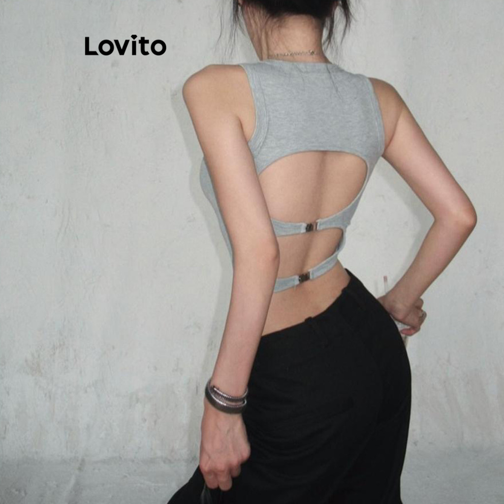 Lovito เสื้อกล้ามผู้หญิง แต่งคัทเอาท์ ประดับโลหะ สีพื้น สไตล์ลำลอง LNE63060