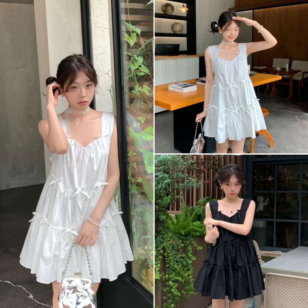 Betty house🌸พร้อมส่ง ชุดเดรสผู้หญิง เดรสสั้นน่ารัก ชุดมินิหวาน โบว์ ดีไซน์จีบหลวม เซ็กซี่แขนกุด รุ่นใหม่ล่าสุด