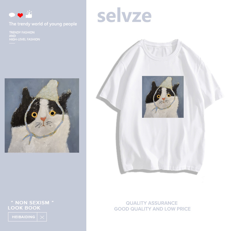 SELVZE（จัดส่งตลอด 24 ชั่วโมง） Printed T-shirt，แมวการ์ตูนตลกพิมพ์เสื้อยืดแขนสั้นผ้าฝ้าย B000205