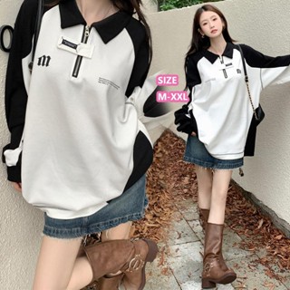 KOKO#เสื้อยืดแขนยาวสไตล์เรโทรอเมริกัน เสื้อกันหนาวโอเวอร์ไซส…