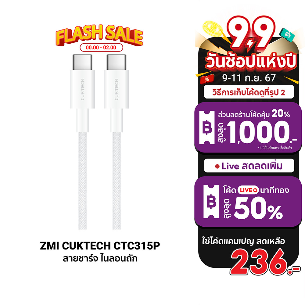 [ลดเหลือ 236] ZMI CUKTECH CTC315P สายชาร์จ ไนลอนถัก USB-C to USB-C 60W 1.5 ม. รองรับชาร์จเร็ว PD , Q