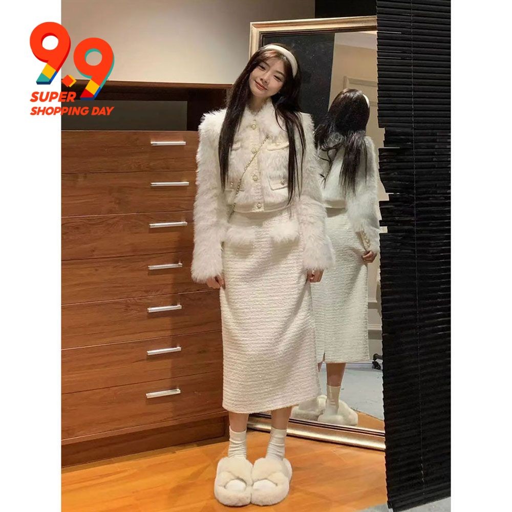 เสื้อโค้ท ขนยาว แบบหนา และกระโปรง แฟชั่นฤดูใบไม้ร่วง และฤดูหนาว สําหรับสุภาพสตรี