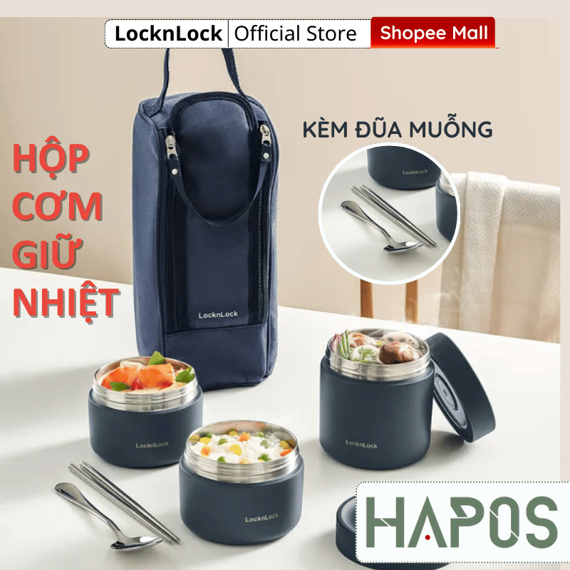 Locknlock กล่องอาหารกลางวันเก็บอุณหภูมิสํานักงาน 1.1 ลิตร 3 ช่อง LHC8052S01 พร้อมกระเป๋าและช้อนและตะ