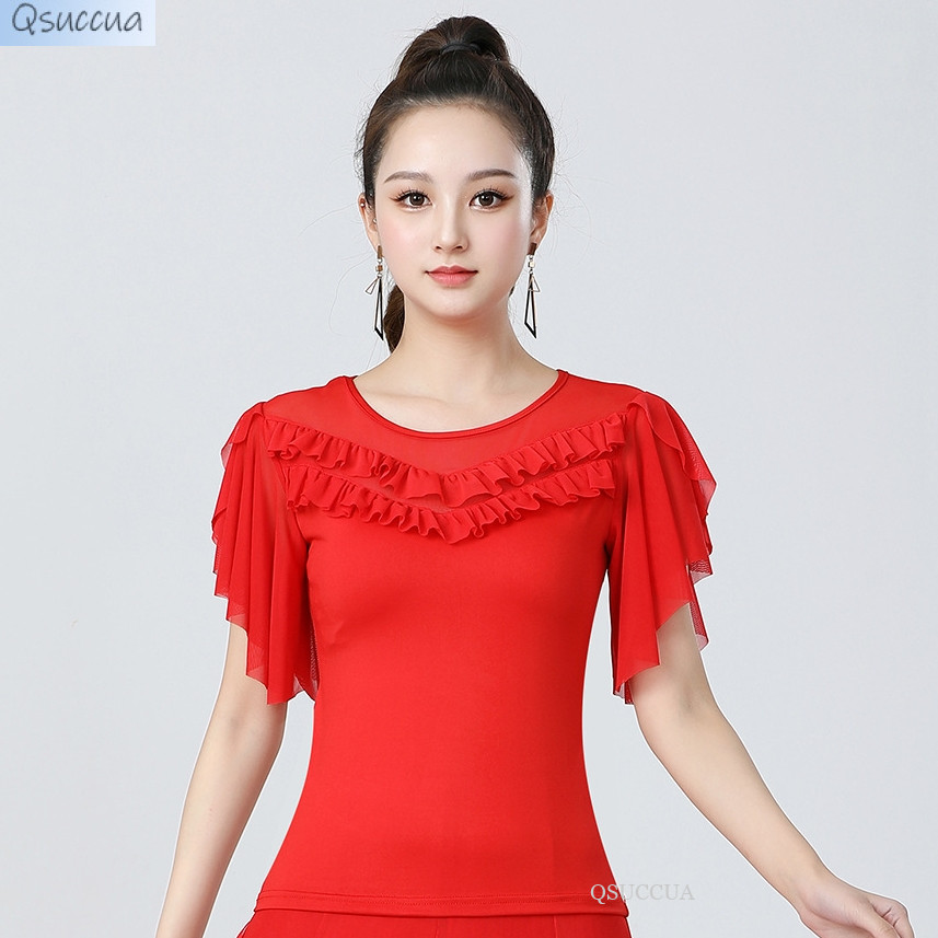 Qsuccua ผู้ใหญ่สุภาพสตรีเต้นรําละติน Ballroom Dance ตาข่ายรอบคอ Ruffled แขนเสื้อด้านบน