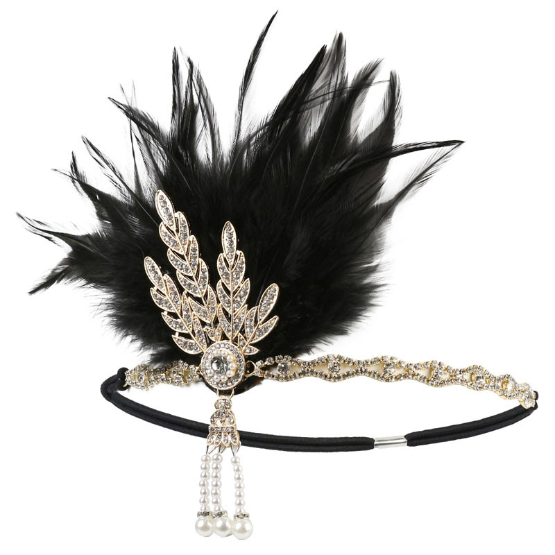 1920s Hairband Headpiece Feather Flapper แถบคาดศีรษะ Headdress Vintage เครื่องแต่งกาย Part