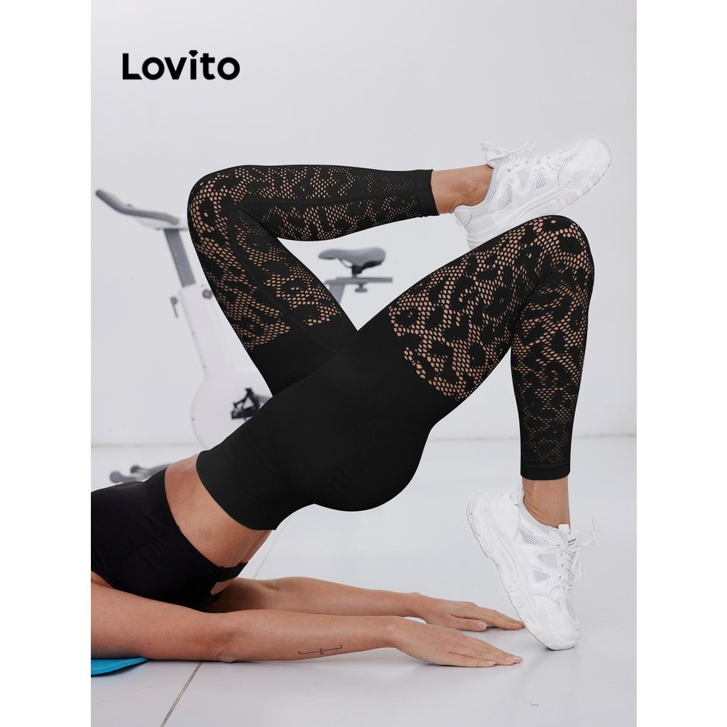 Lovito เลกกิ้งกีฬาลูกไม้ธรรมดาสปอร์ตสำหรับผู้หญิง LNL77137