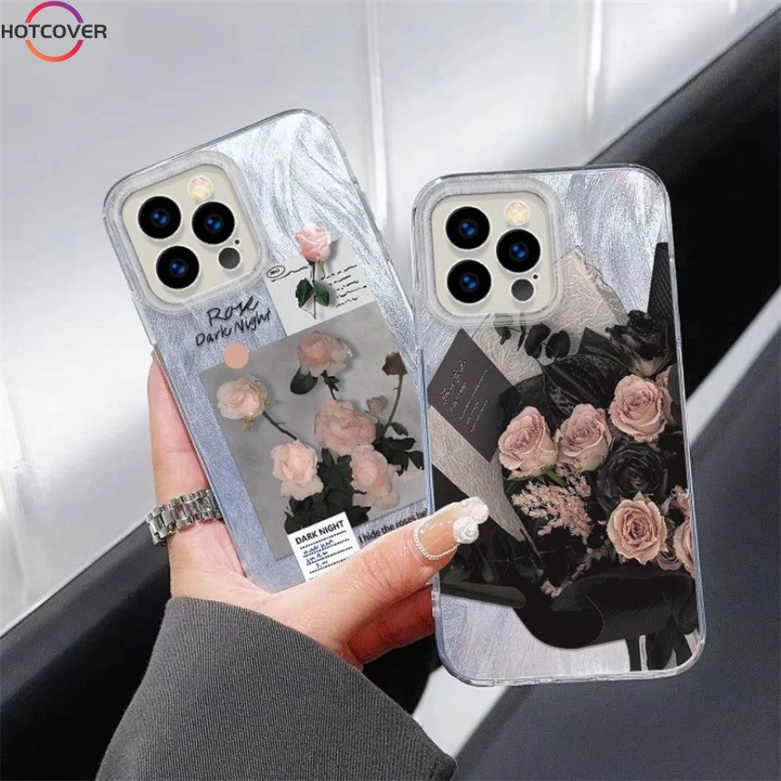สําหรับ Vivo V30 V29 V27 V25 Pro V30e V29e V27e V25e V23e V9 S1 U10 Y85 เคสโทรศัพท์ Silver Feather Holographic เลเซอร์กรณีภาพวาดสีน้ํามัน Rose ดอกไม้ฝาครอบ