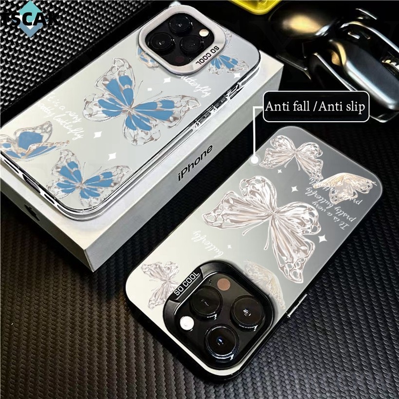 พิมพ์กรณีRetroแฟนตาซีสีฟ้าและสีขาวผีเสื้อสําหรับiPhone AIR 17 Pro Max 17 Pro Frostedสีเงินป้องกันกรณ