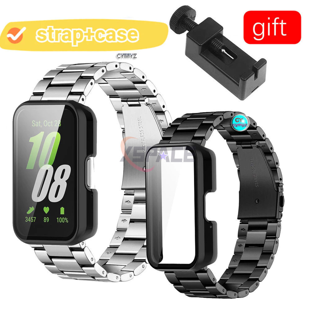 ชุดรวมสายนาฬิกาโลหะสแตนเลสสามชิ้นเหมาะสําหรับ Samsung Galaxy Fit3 พร้อมฟิล์มเปลือก PC เคสป้องกันแบบรวมฝาครอบป้องกัน Samsung Fit3 ป้องกัน