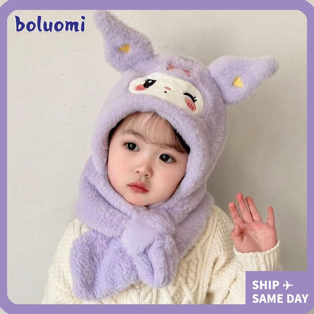SANRIO หมวกตุ๊กตา โบลูโอมิ, ผ้าพันคอตุ๊กตาอบอุ่นกันลม, อะนิเมะน่ารัก ซานริโอ คุโรมิ นุ่มทนทานฤดูหนาวหมวกสําหรับเด็ก