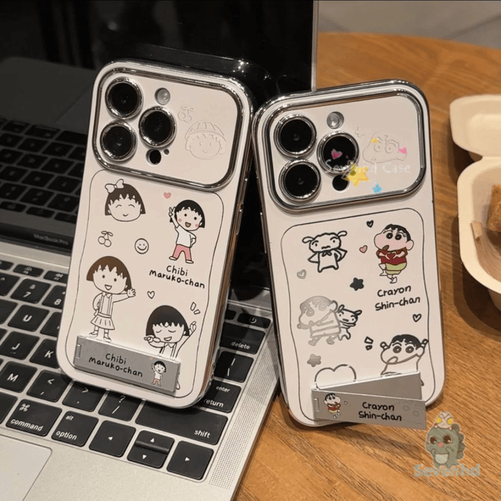 สําหรับ iPhone 11 16 15 14 13 12 Pro Xr Xs Max 7 8 6 Plus Chibi Maruko-chan Crayon Shin-chan เคสโทรศัพท์ + พับผู้ถือหรูหราชุบคมชัดหน้าต่างกันกระแทกป้องกันปกหลัง