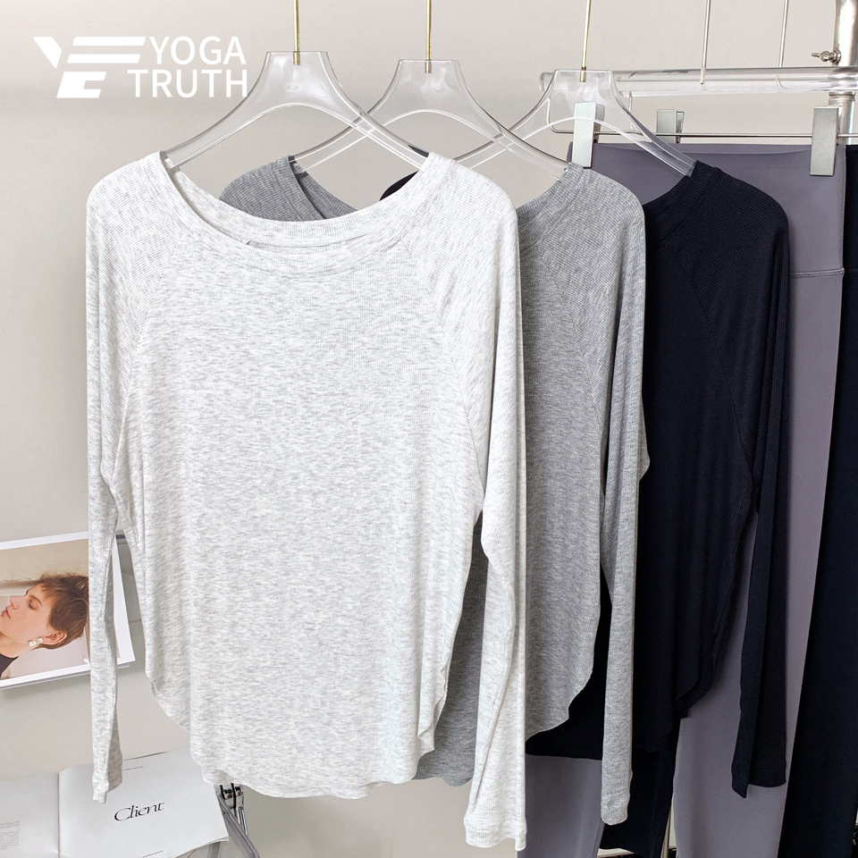 YOGATRUTHSports Top Ribbed Curved Hem หลวมสบายแขนยาวโยคะพิลาทิส