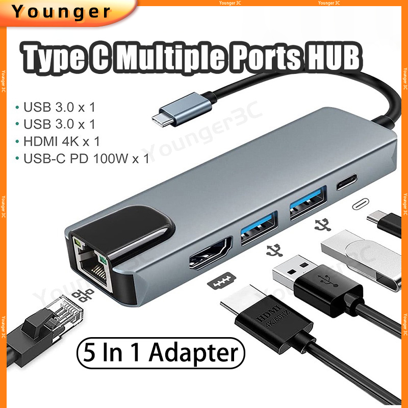 อะแดปเตอร์ USB-C 5 ใน 1, Type-C ถึง Hdmi,ตัวแปลง Type C เป็น USB3.0 Rj45 Lan,PD100 อะแดปเตอร์ชาร์จเร็ว,เหมาะสําหรับแล็ปท็อป Macbook
